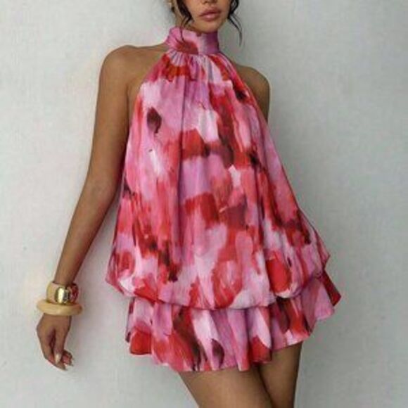 Dresses & Skirts - Multicolor Boho Women's Elegant Brushstroke Backless Mini Dress